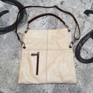 Lavorazione Artigianale Italian Cream Tooled Leather Convertible Crossbody Shoul